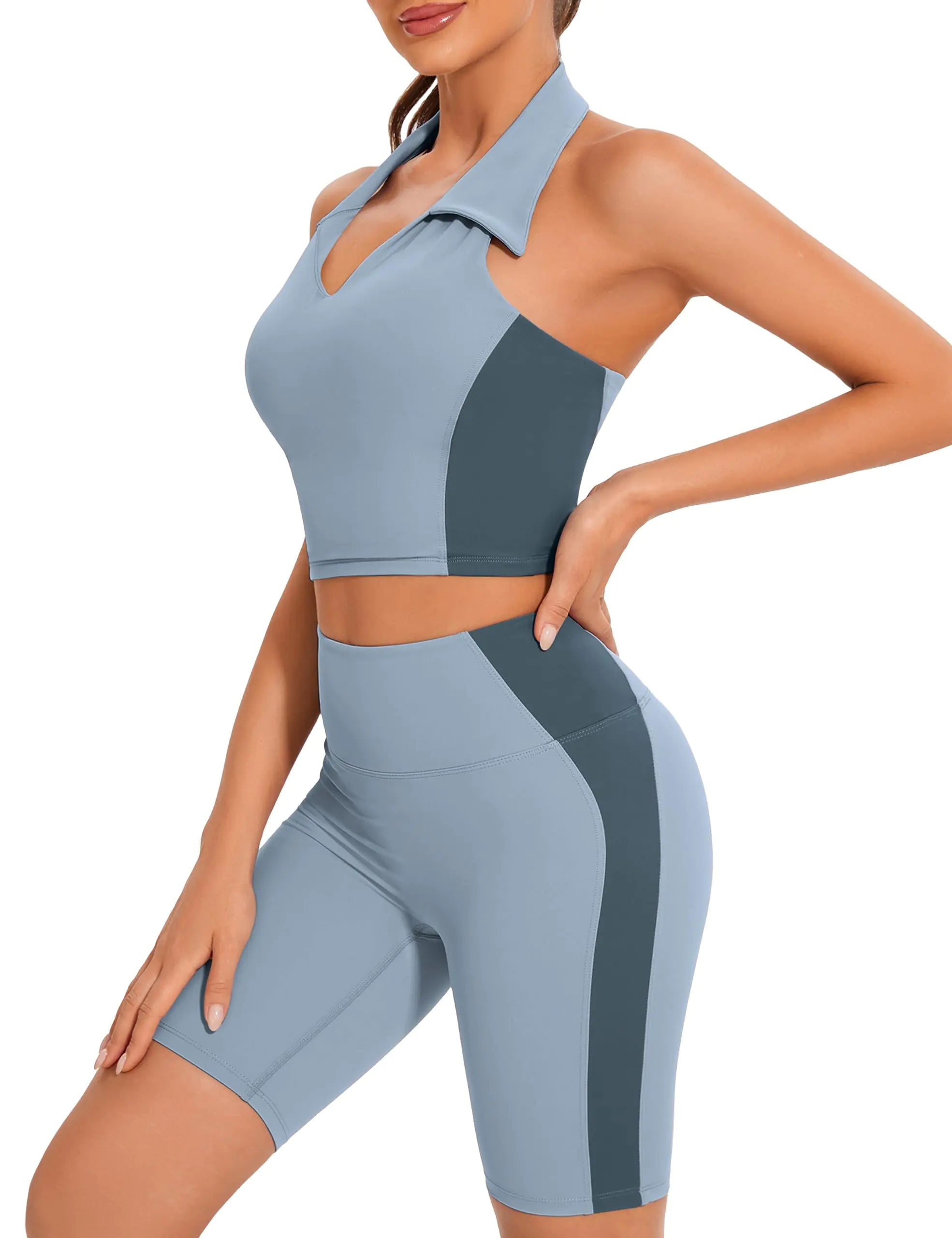 Women’s 2-Piece Colorblock Workout Set – Backless Tank Top & Biker Shorts for Gym, Yoga, and Casual Wear