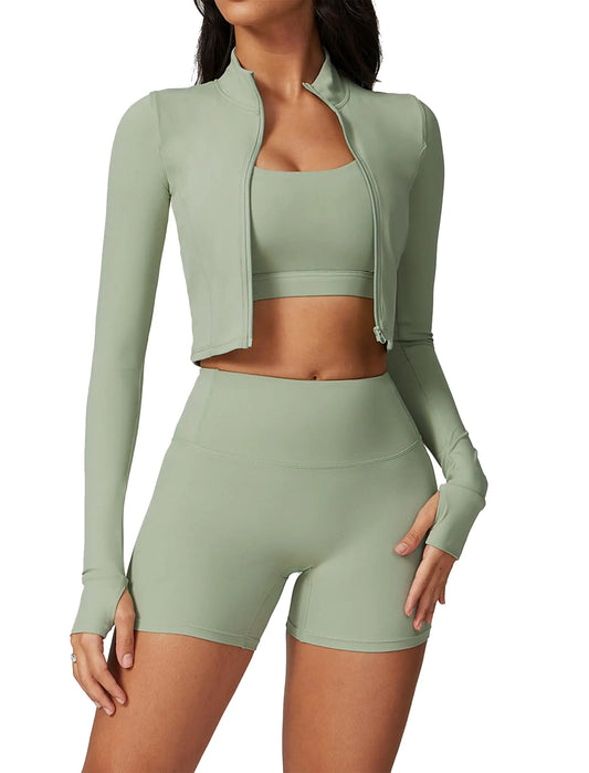 Workout Sets for Women 3 Piece High Waisted Seamless Shorts Crop Top Jacket